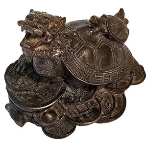 SR - Vintage Feng Shui Dragon Turtle Bronze Figure With Wealth Coins
