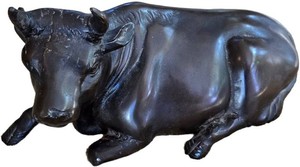 SR - Bronze Cow Sculpture - Recumbent Horned Bovine