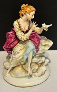 SR - Lady with Bird Capodimonte Style Porcelain Figurine by L. Motta
