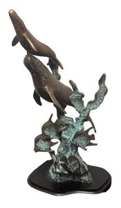 SR - Vintage SPI Gallery Bronze Humpback Whale & Calf Sculpture on Stand - 13 Verdigris Marine Art