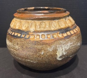 SR - Signed Studio Pottery Vase with Textured Earth-Tone Glaze