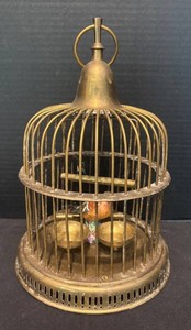 SR - Vintage Brass Birdcage with Bird Figurine