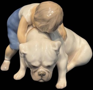 SR - Vintage Bing & Grndahl (B&G) Fine Porcelain Figurine - Two Friends (Boy with English Bulldog), No. 179