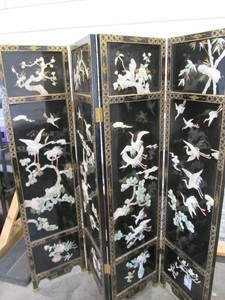 Four-Panel Asian Style Black Lacquer Folding Screen with Bird & Floral Inlay