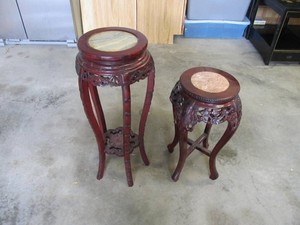 Asian Style Carved Wood Plant Stands with Stone Inset Tops