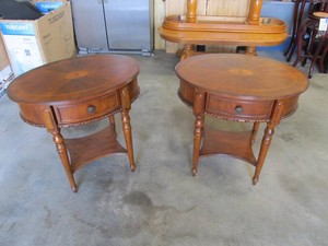 Pair of Round Wood End Tables with Inlaid Tops