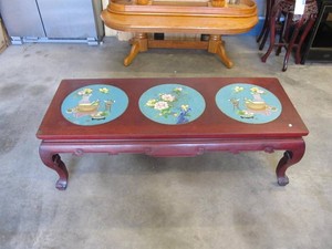 Asian-Inspired Wood Coffee Table with Three Floral Medallions