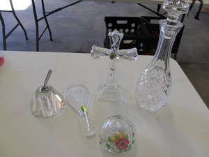 Five-Piece Crystal and Glass Dcor Lot with Waterford Cross and Tennis Racket