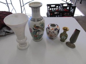 Five-Piece Decorative Vase Collection  Chinese Bird-and-Floral Porcelain, Imari-Style Jar, Enamel and Pewter