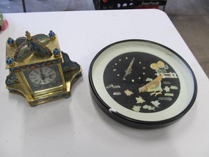 Two Decorative Clocks  Cloisonn-Style Mantel Clock and Bird-Inlay Wall Clock