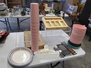 Mixed Kitchen and Home Essentials Lot  Dinner Plates, Pink Bowls, Tumblers, Cutlery and Organizers