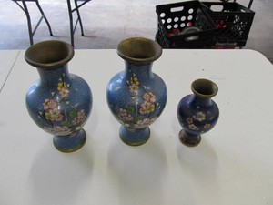 Three Blue Floral Cloisonn Vases  Matching Pair & Smaller Vase