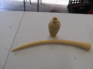 Ivory-Tone Dragon Relief Vase & Curved Tusk-Form Decorative Piece