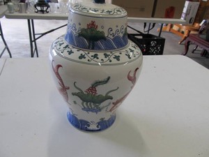 Chinese-Style Lidded Ceramic Jar with Koi and Lotus Decoration