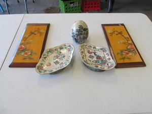 Five-Piece Asian-Style Decor Lot  Painted Panels, Porcelain Dishes & Egg