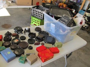Large Mixed Household Lot  Display Stands, Decorative Boxes, Bowls, Electronics & More