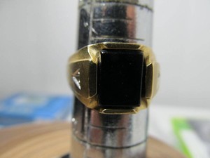 Mens 14K Yellow Gold Ring with Black Center Stone & Clear Accents