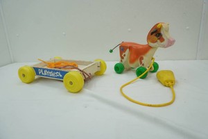 vintage Fischer Price pull toy #132 animated cow squeeze bulb and head moves and cow moos, Playskool pull toy wagon