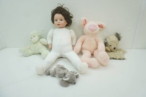 vintage doll, stuffed toys, and vintage puppy hand puppet