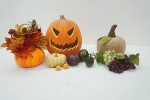 Halloween decor pumpkins, grapes, gourds