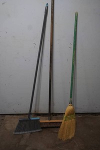 3 brooms, shop broom, kitchen broom, straw broom