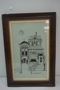 artist C. Miron 1074 drawing of ornate Victorian style house set against pale blue background framed and matted 13 x 19