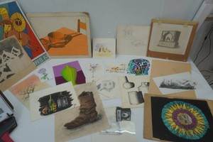 large group of artist C. Miron early work in the early 1970s  from chalk, pencil, oil