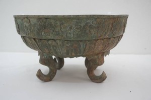 vintage bronze footed Chinese archaistic bronze pan or water basin 12 12 diameter and 7 tall