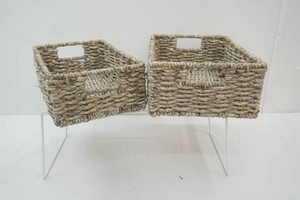 white wire shelf, 2 woven rectangle baskets 10 x 13 and 10 x 12