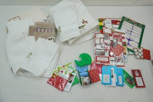 Christmas towels, gift tags, tape
