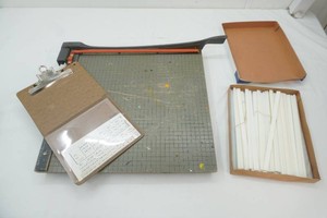 vintage paper cutter, folder covers, clip board