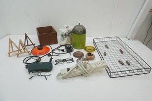 vintage ashtrays, wood box, appliance cords, and more