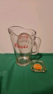 Vintage Coors Banquet Beer Pitcher 1970s Clear Heavy Glass Pitcher and Harrahs ash tray