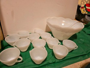 Anchor Hocking Milk Glass Harvest Grape Punch Bowl Set 12 Cups