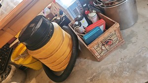Wet, dry vac and wood crate with contents