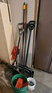 Push broom, shovels, edger, bolts and nails