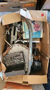 Box of blades, hand saws, tooling box