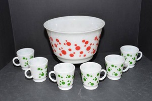 Vintage Milk Glass Polka Dot Punch Bowl & Cups