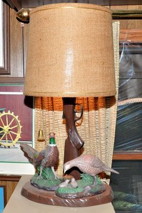 Large Vintage Hunting Lamp  Rifle Stock & Pheasants