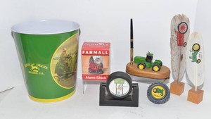 John Deere & Farmall Collectibles  Trash Can, Hand-Painted Feathers & More