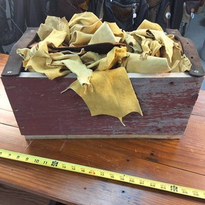 Barnwood Box (hand made by Amish) with Leather Carry straps chock full of leather scraps