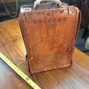 Vintage Looking Thick Leather Whiskey travel pack with awesome antler handle