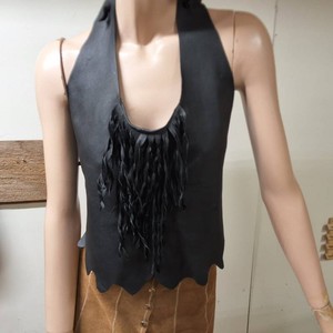 Leather strapped halter top with black leather fringes