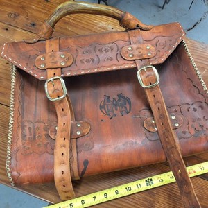 Whipstitched Leather Hand Crafted Briefcase Brass buckles, authentic antler handle