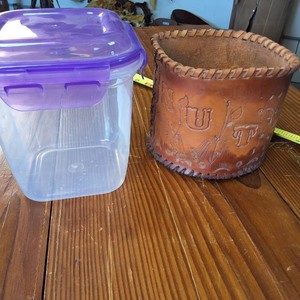 Thick Leather Tupperware Koozie - tooled leather