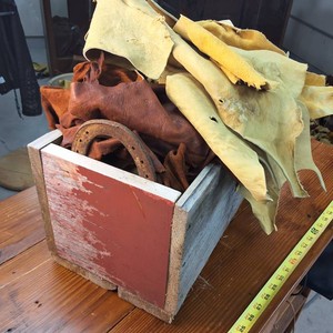 Custom Amish made box filled to the brim with leather scraps