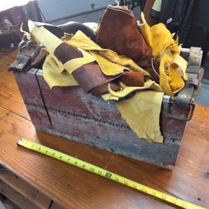 Barnwood constructed box (Amish) chock full of leather pieces