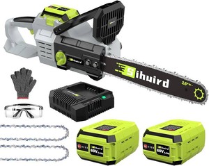 $190 Sihuird 60V 16-Inch Cordless ChainSaw, 2 x 60V 4.0Ah Battery and Charger, Brushless Motor Electric Chainsaw with Tool-free Chain Tension & Auto Lubrication for Tree, Wood Cutting-SL9160 (A)