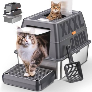 XXXL Stainless Steel Litter Box with Lid, Extra Large 28 Lx20 Dx18.1 H Litter Box for Big Cats, Enclosed Jumbo Metal Litter Boxes with Removable Cover & Footboard, Anti-Leakage,Odorless