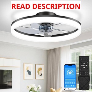 VOLISUN Low Profile Ceiling Fans with Lights and Remote, 20in Fandelier Ceiling Fan Flush Mount, 3000K-6500K Smart Bladeless LED Fan Light, Black Modern Ceiling Fans with Lights for Bedroom
